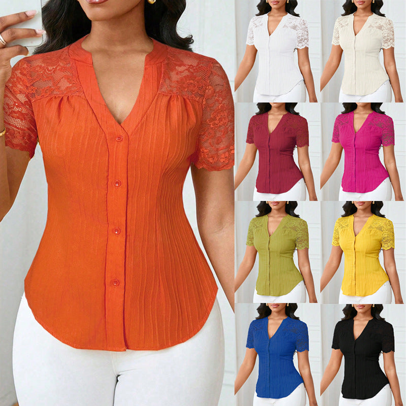 Solid Color Embroidered Hollow-Out Short-Sleeve Top