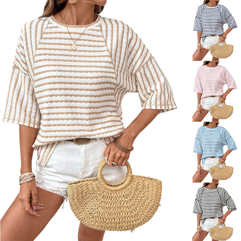 # Women's Striped Short-Sleeve Crew Neck Pullover T-Shirt