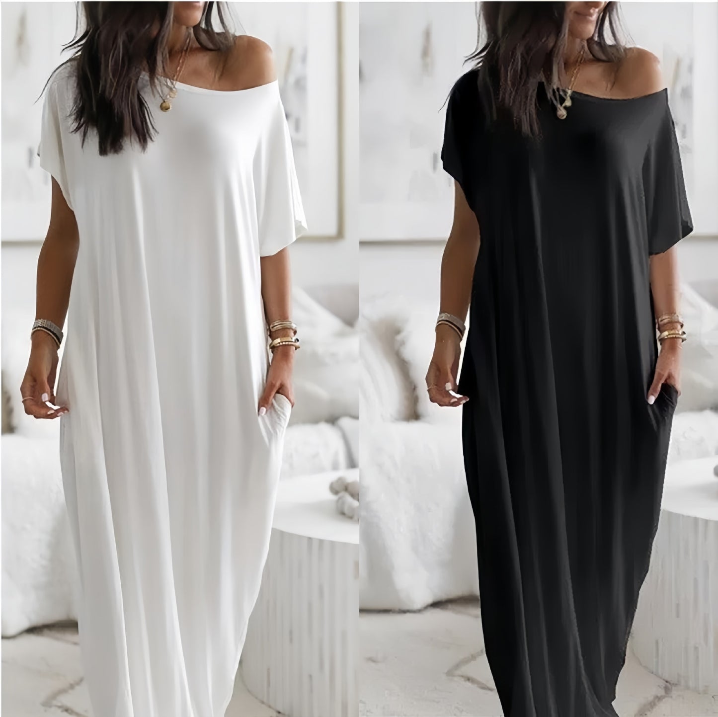 # Solid Color Short-Sleeve Long Casual Dress