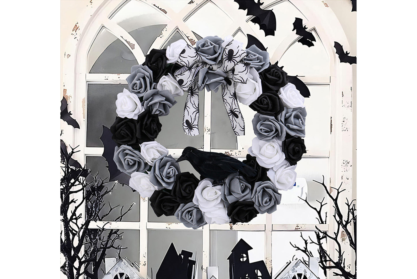 Black and White Rose and Crow Wreath