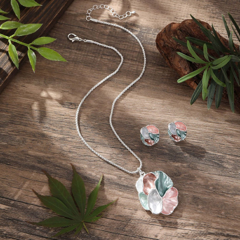 Enamel Geometric Flower Earring Pendant Set