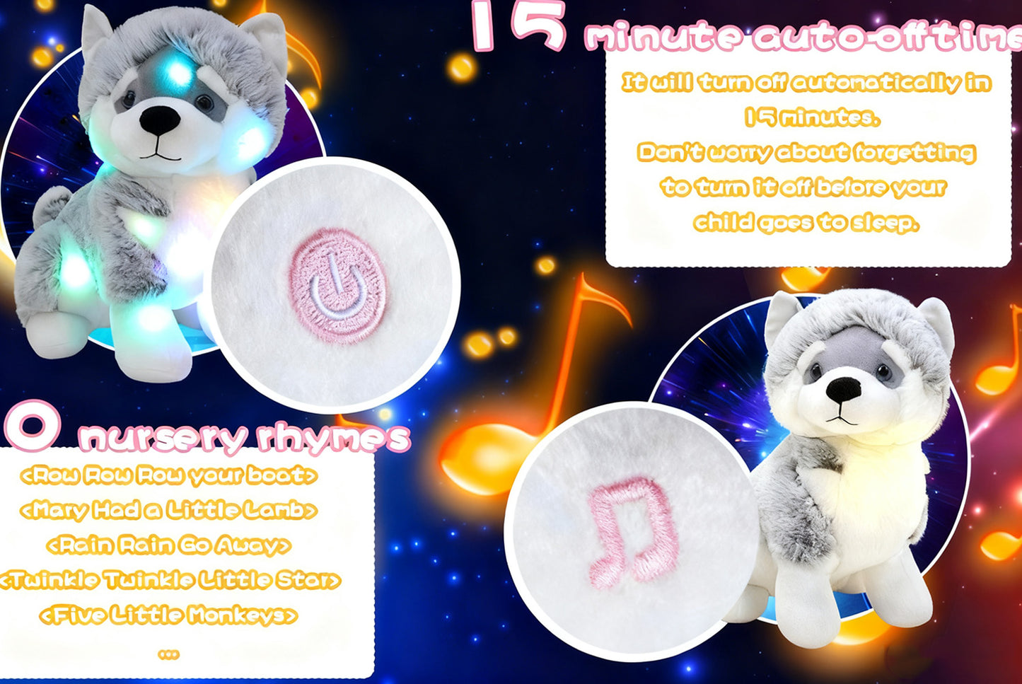 **Colorful Musical Luminous Husky | Sleep-Soothing Plush Toy**