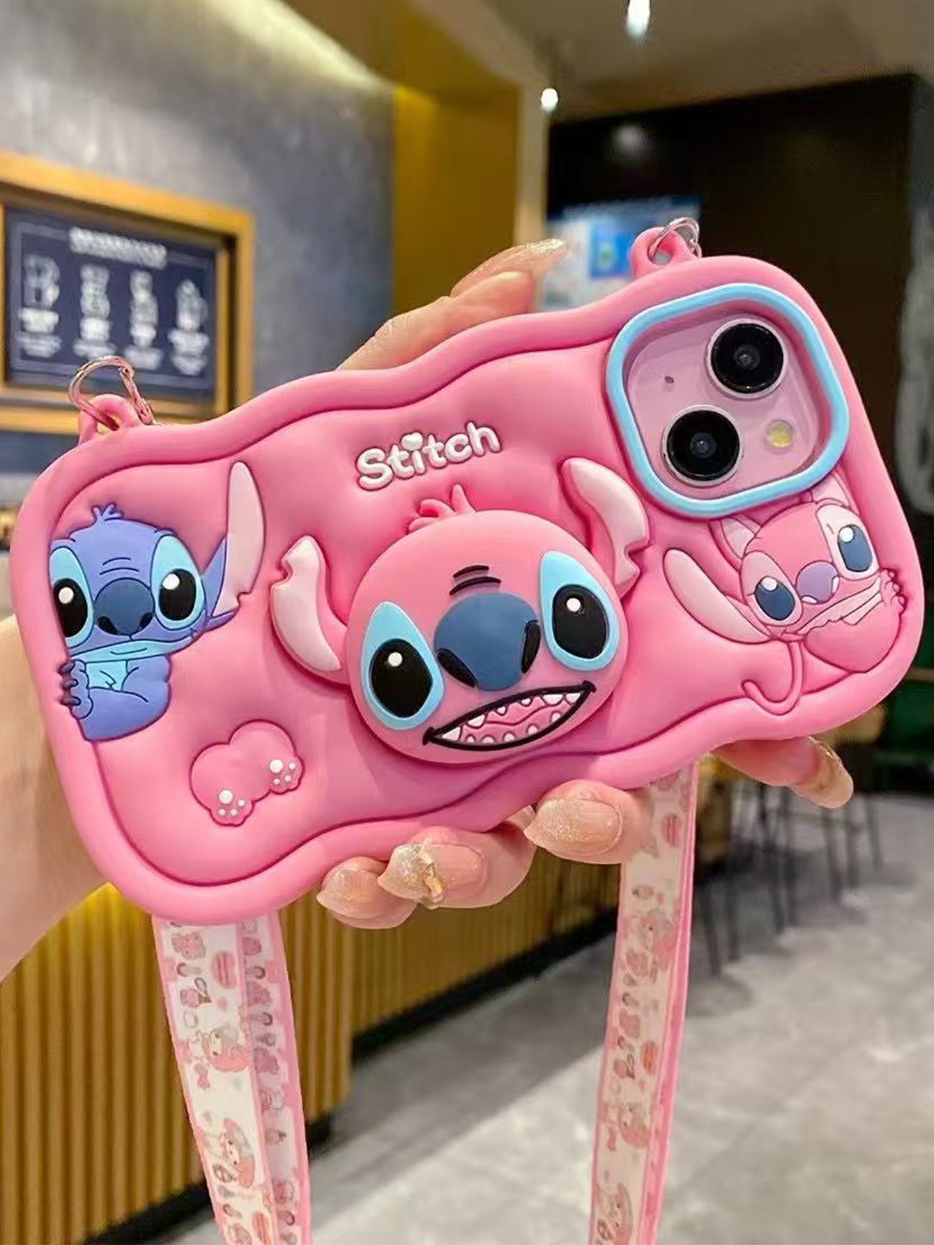 Cute Cartoon 3D Silicone Stitch Stand Lanyard Wallet Phone Case