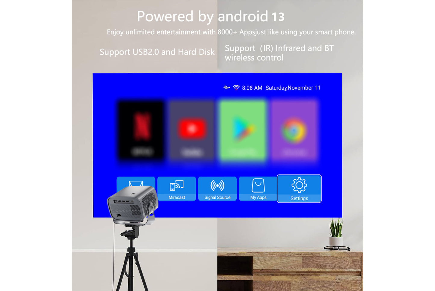 **A10 Android Smart Projector 2GB + 16GB Wireless WiFi Projector**