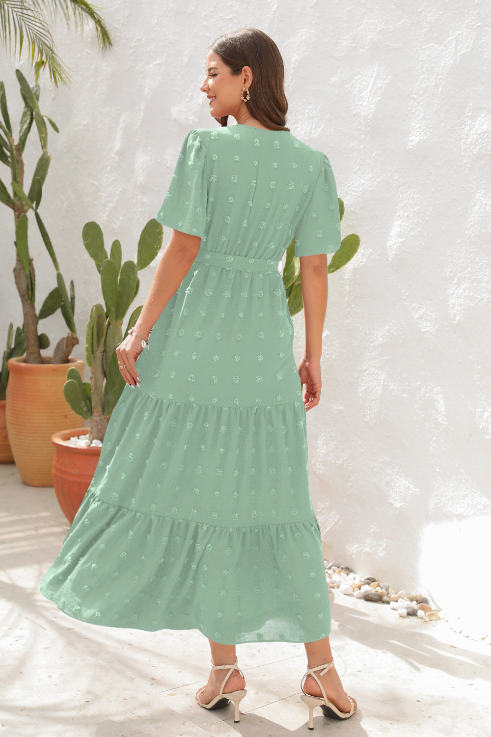 # V-Neck Tie-Waist Long Vacation Dress