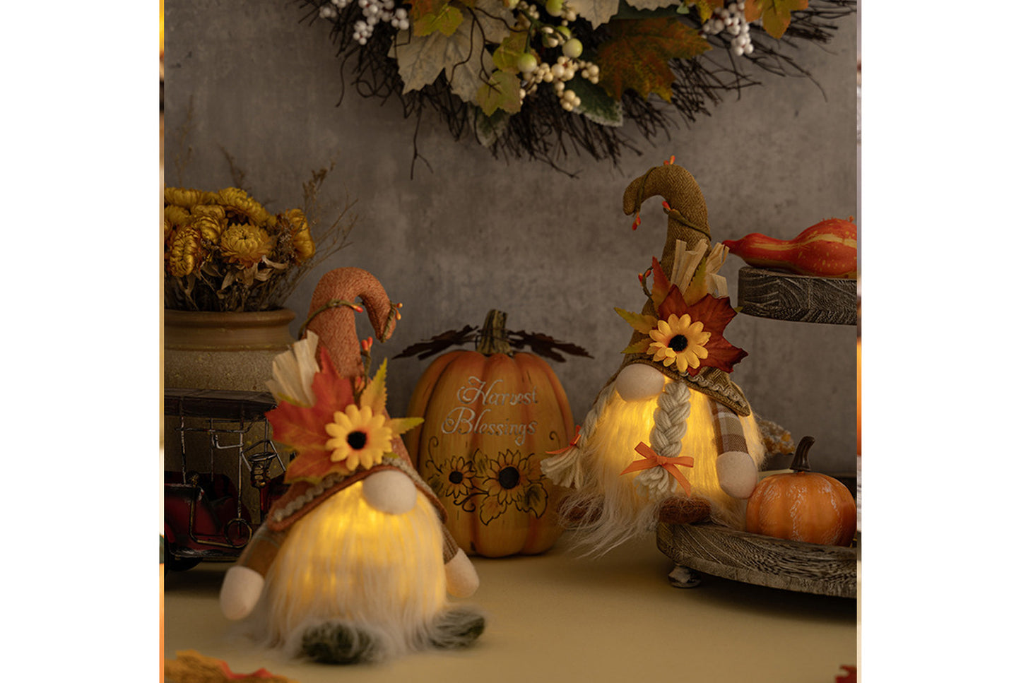 Rudolph Gnomes with Sunflower Hat and Lights