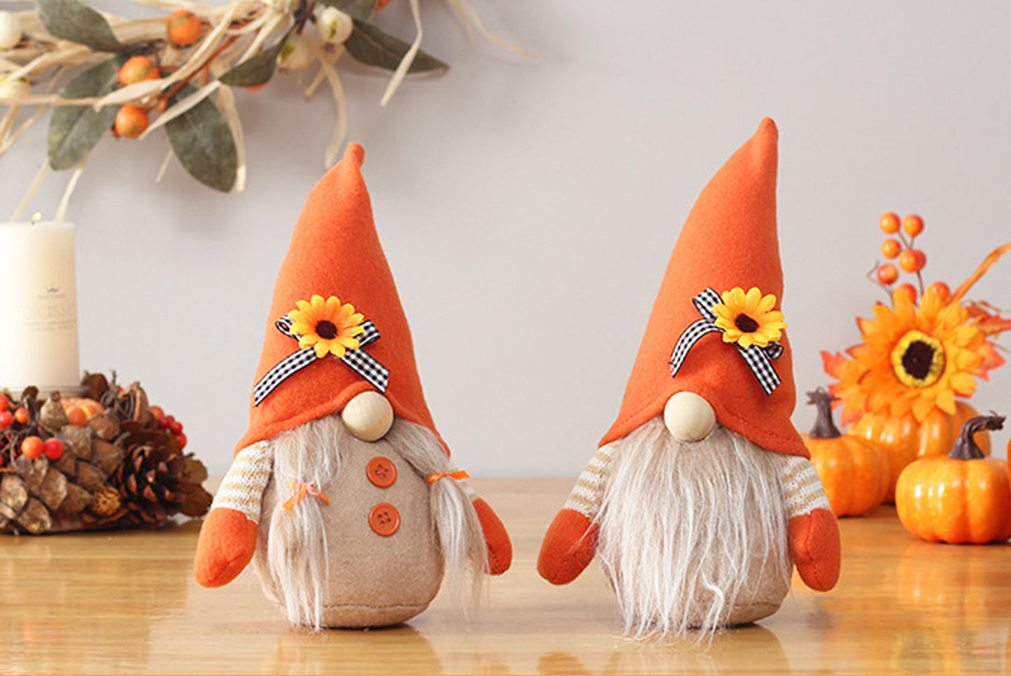 **Autumn Harvest Festival Faceless Doll Standing Sunflower and Pumpkin Ornament**