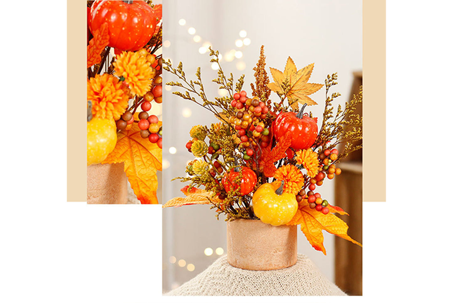 Simulated Autumn Maple Leaf, Pumpkin, and Rice Potted Plant