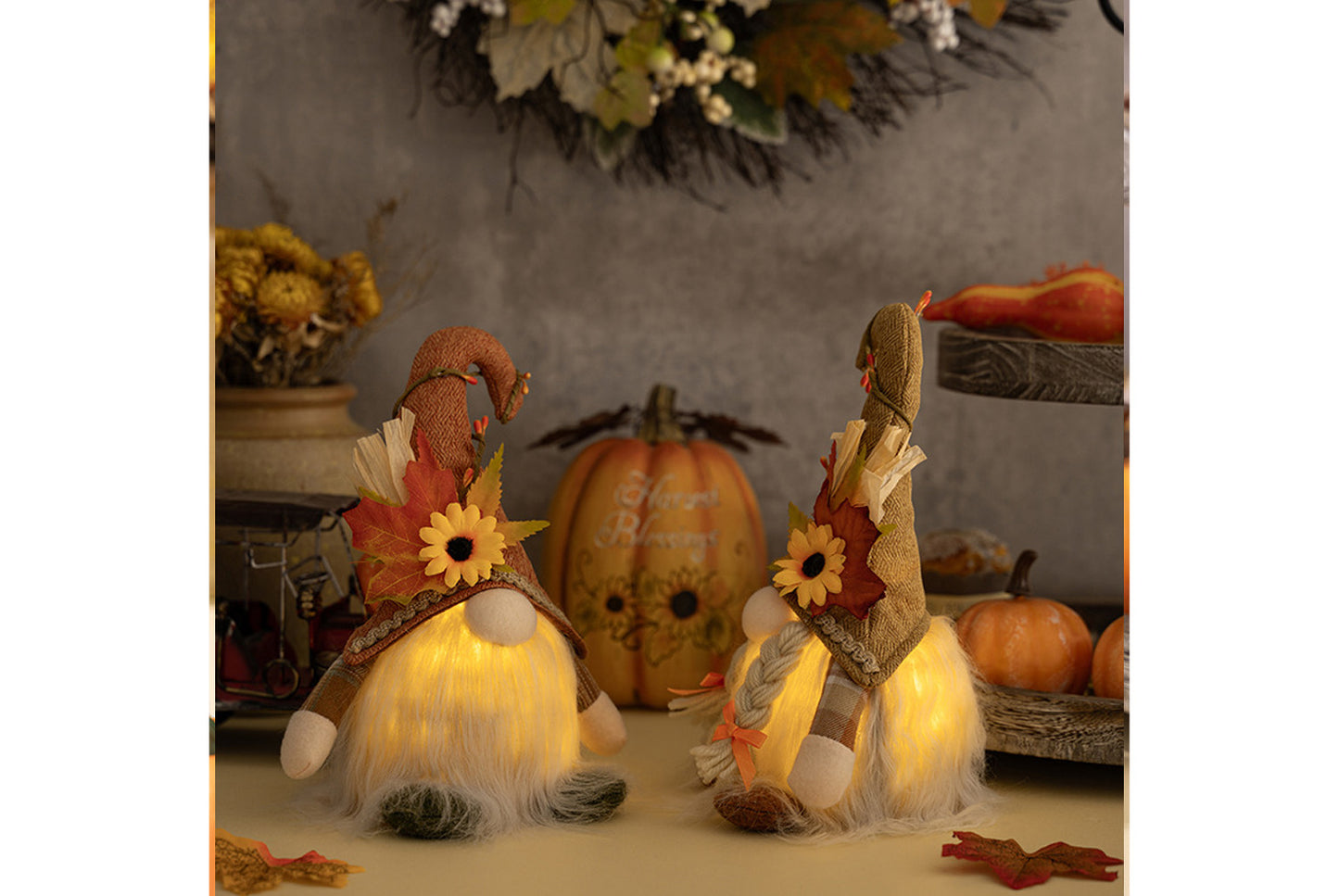 Rudolph Gnomes with Sunflower Hat and Lights