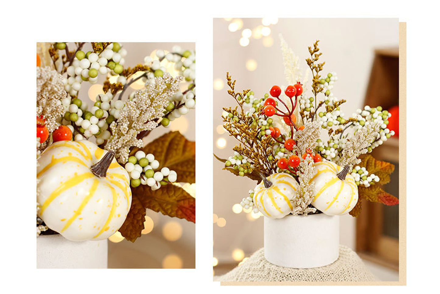 Simulated Autumn Maple Leaf, Pumpkin, and Rice Potted Plant