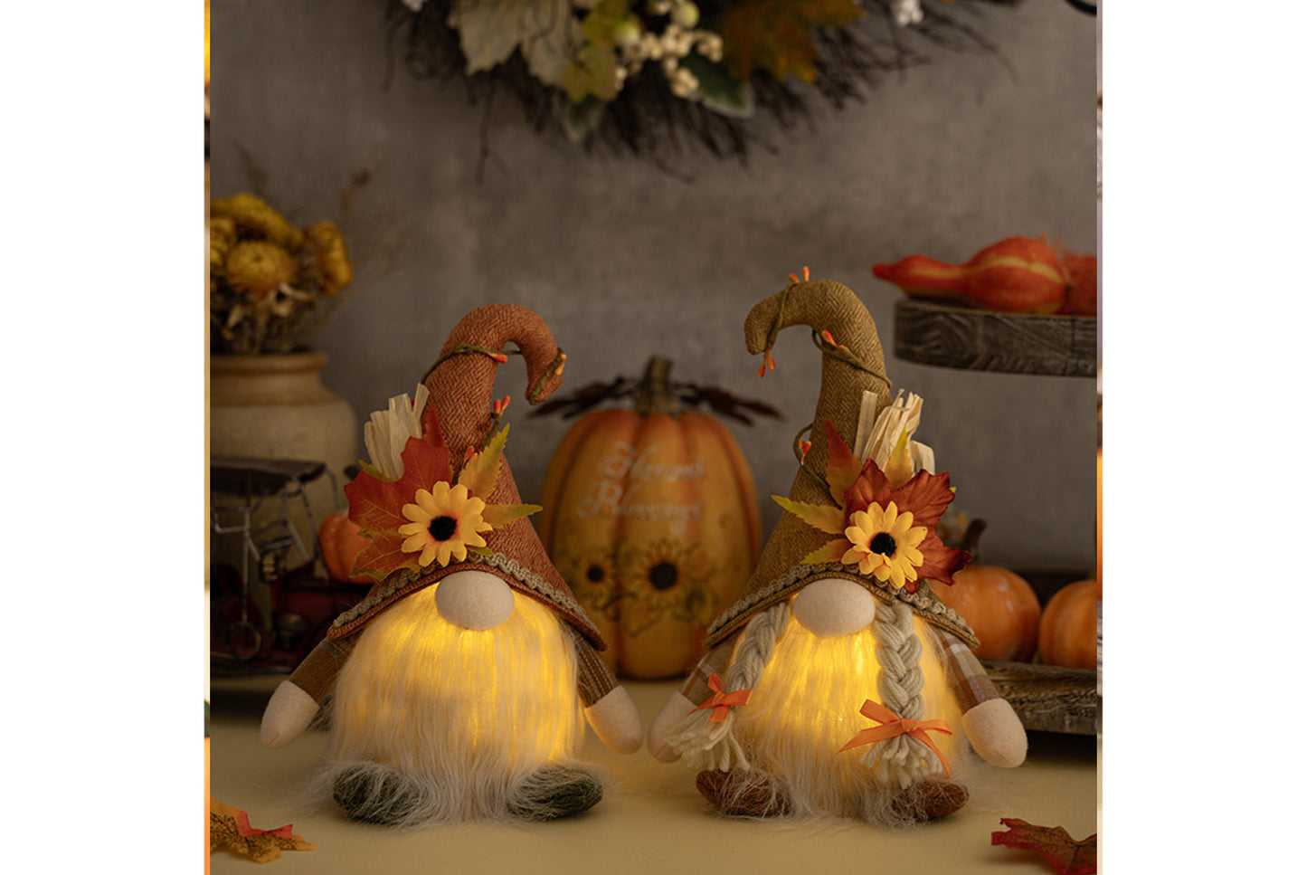 Rudolph Gnomes with Sunflower Hat and Lights