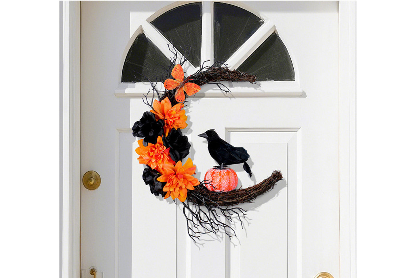 Halloween Orange and Black Crow Moon Wreath Door Hanging