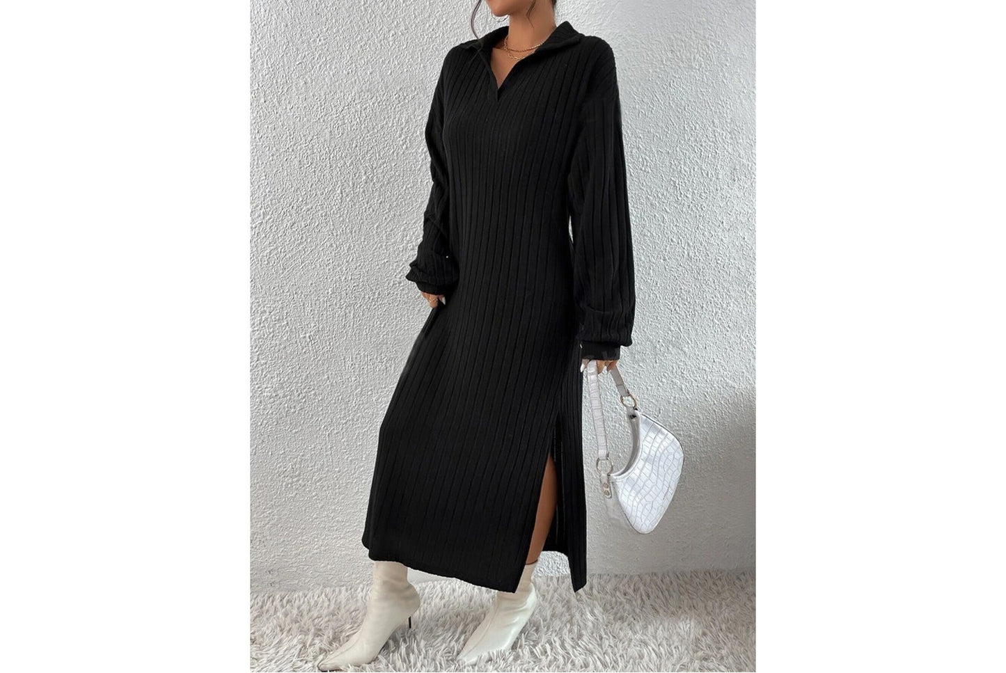 Solid Color Off-Shoulder Slit Dress(No belt)