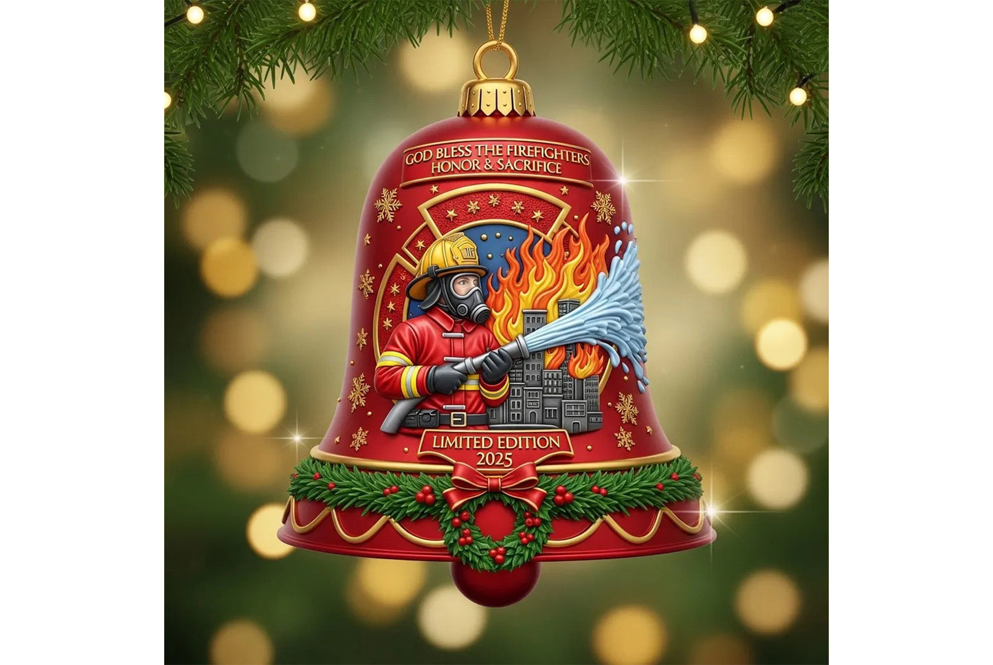 **Firefighter Christmas Bell Ornament | Metal Holiday Ornament**