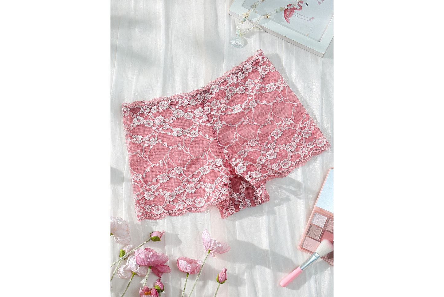 **Mid-Rise Hollow Boxer Briefs for Women with Transparent Lace**