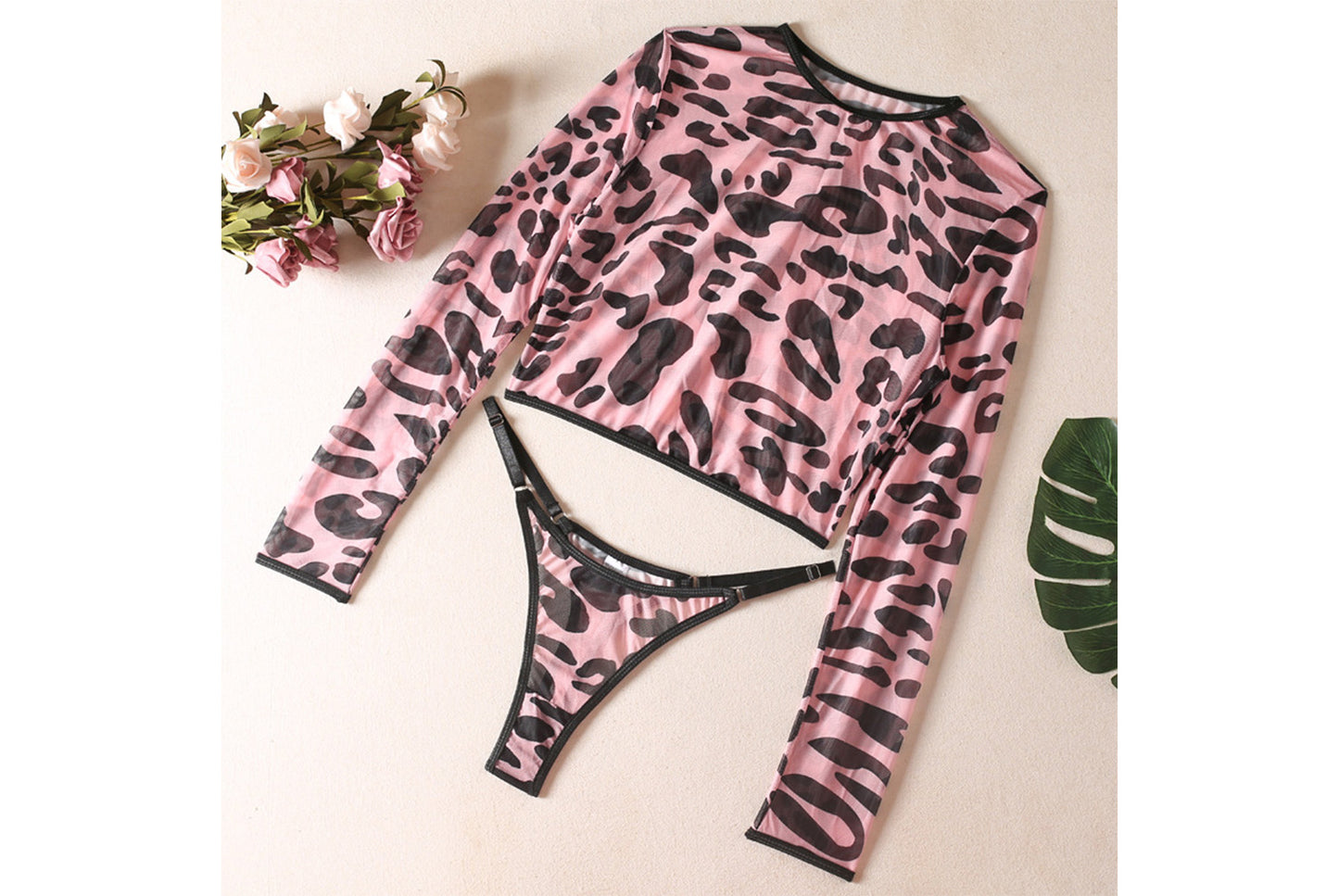 **Leopard Print Seamless Breathable Long-Sleeved Sexy Lingerie Set**