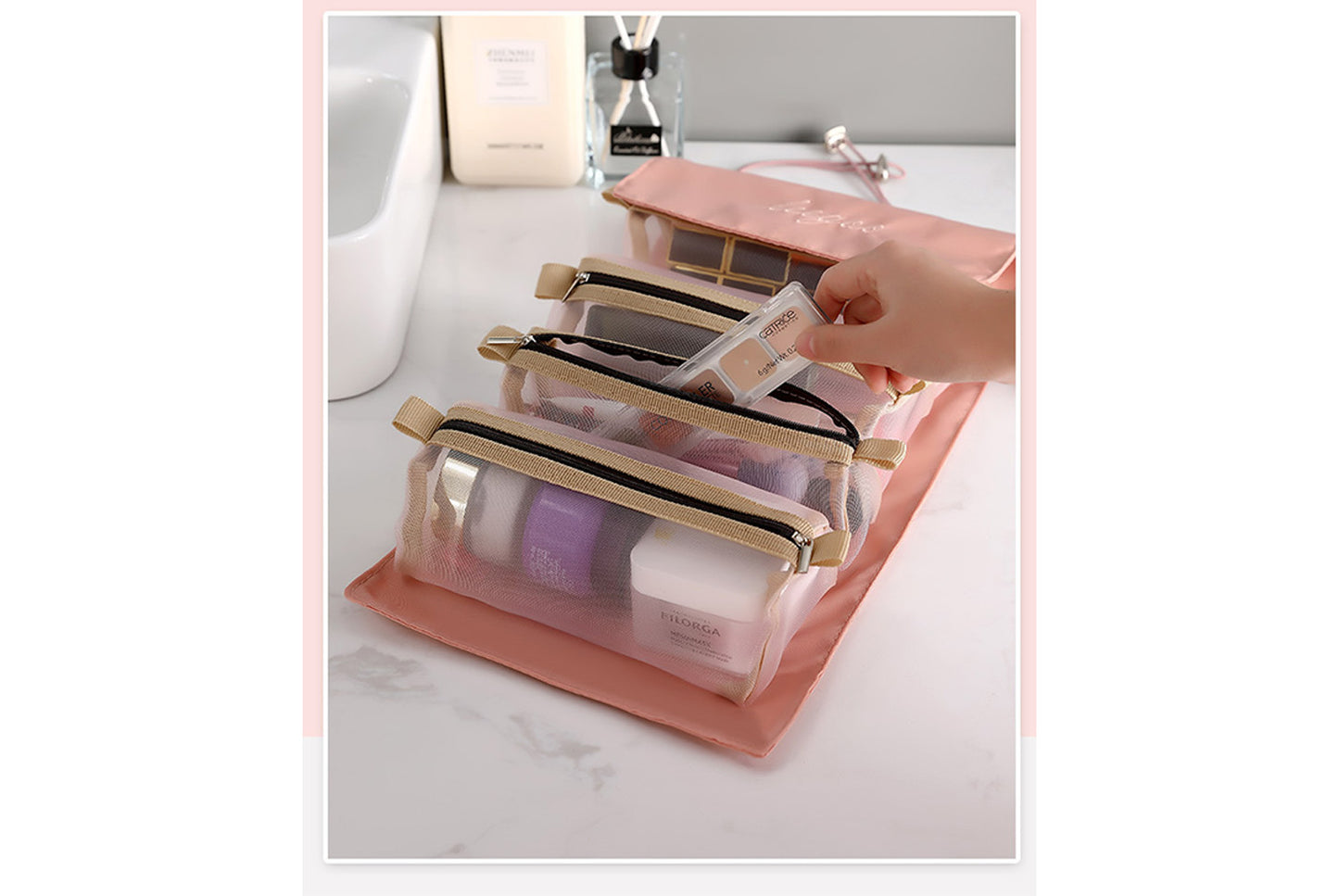 Detachable mesh toiletry bag