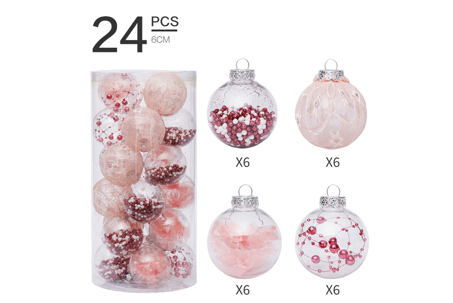 6cm Pink PET Transparent Christmas Ball Set