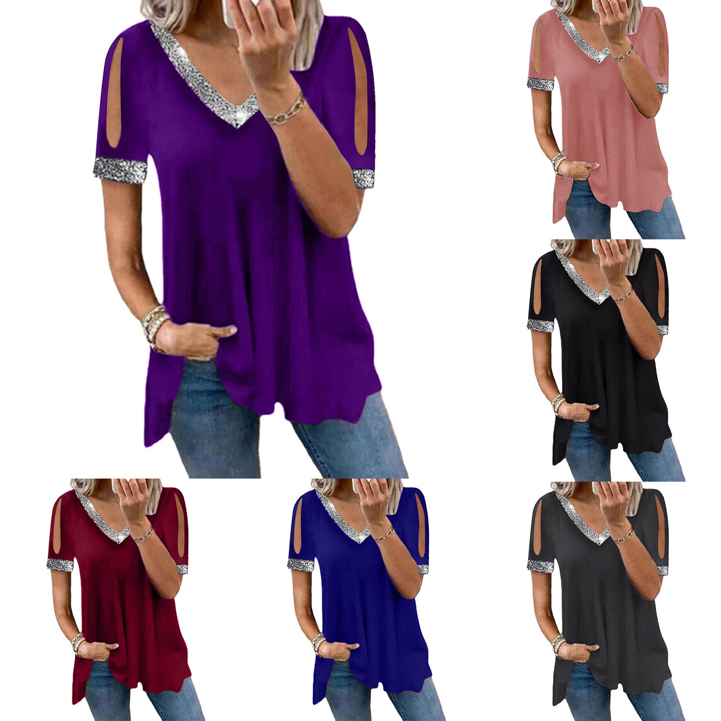 Off-Shoulder Solid Color Sequined Women's T-Shirt