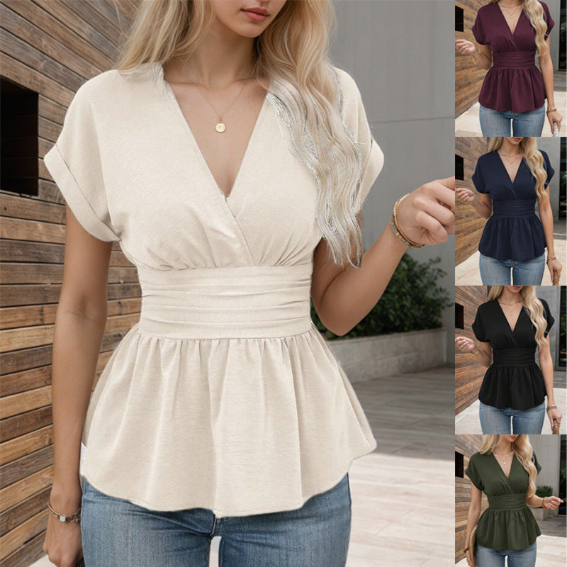 V-neck, fitted waist, raglan sleeve, pleated skirt T-shirt