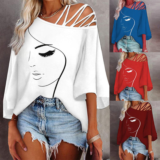 Asymmetrical Collar Printed T-Shirt