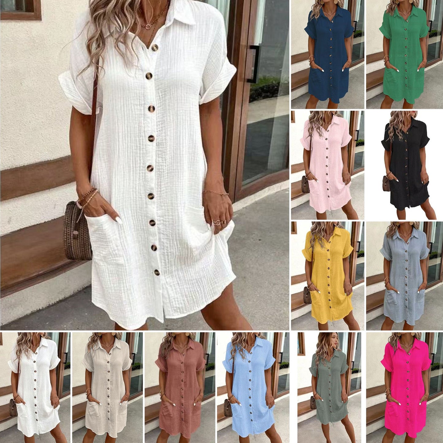 # Solid Color Cotton Linen Button-Up Loose Shirt Dress