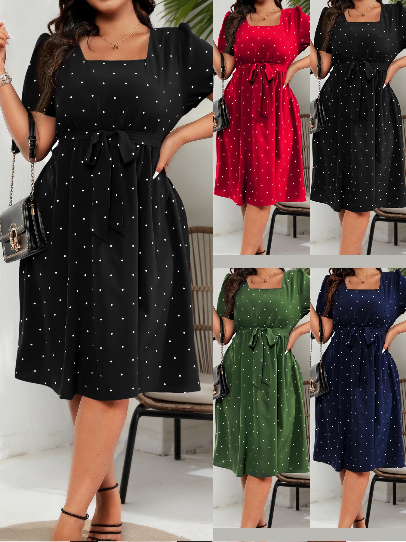 # Retro Polka Dot Square Neck Plus Size Dress