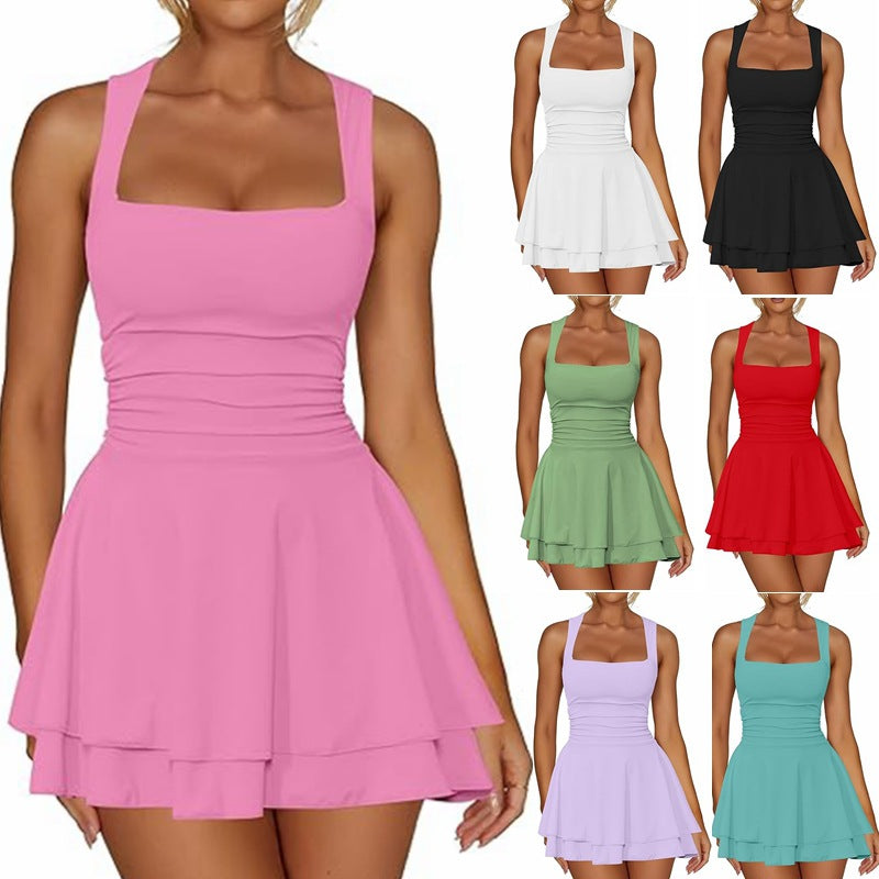 # Square Neckline Pleated Mini Dress
