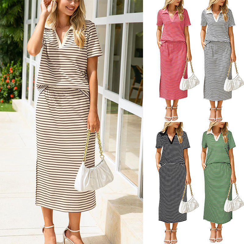 # Two-Piece Set: Collared T-Shirt and Slit Skirt