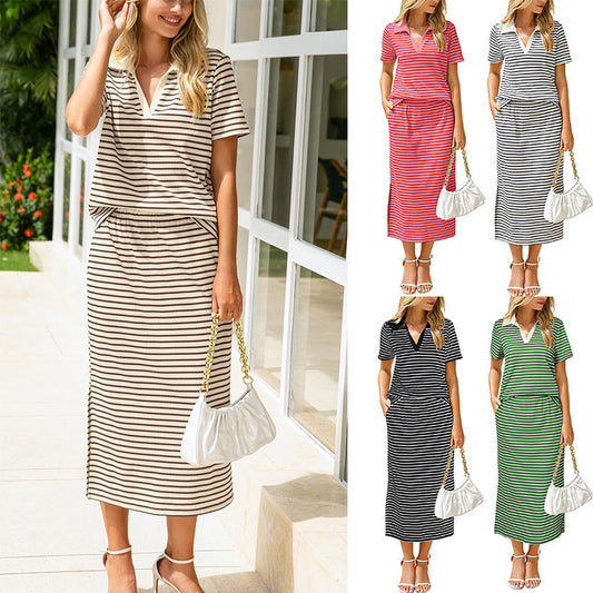 # Two-Piece Set: Collared T-Shirt and Slit Skirt
