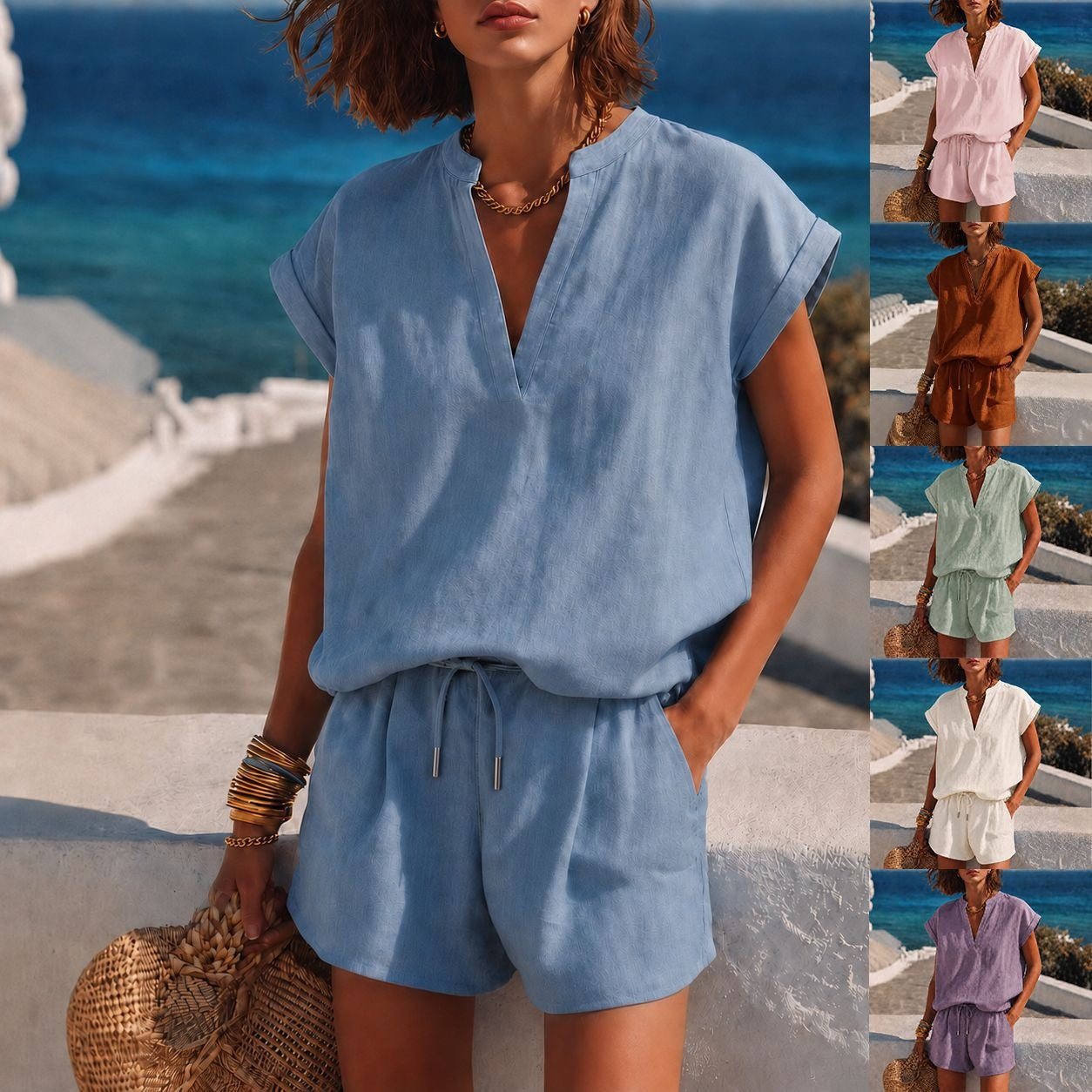 # Solid Color Casual Top and Shorts Set