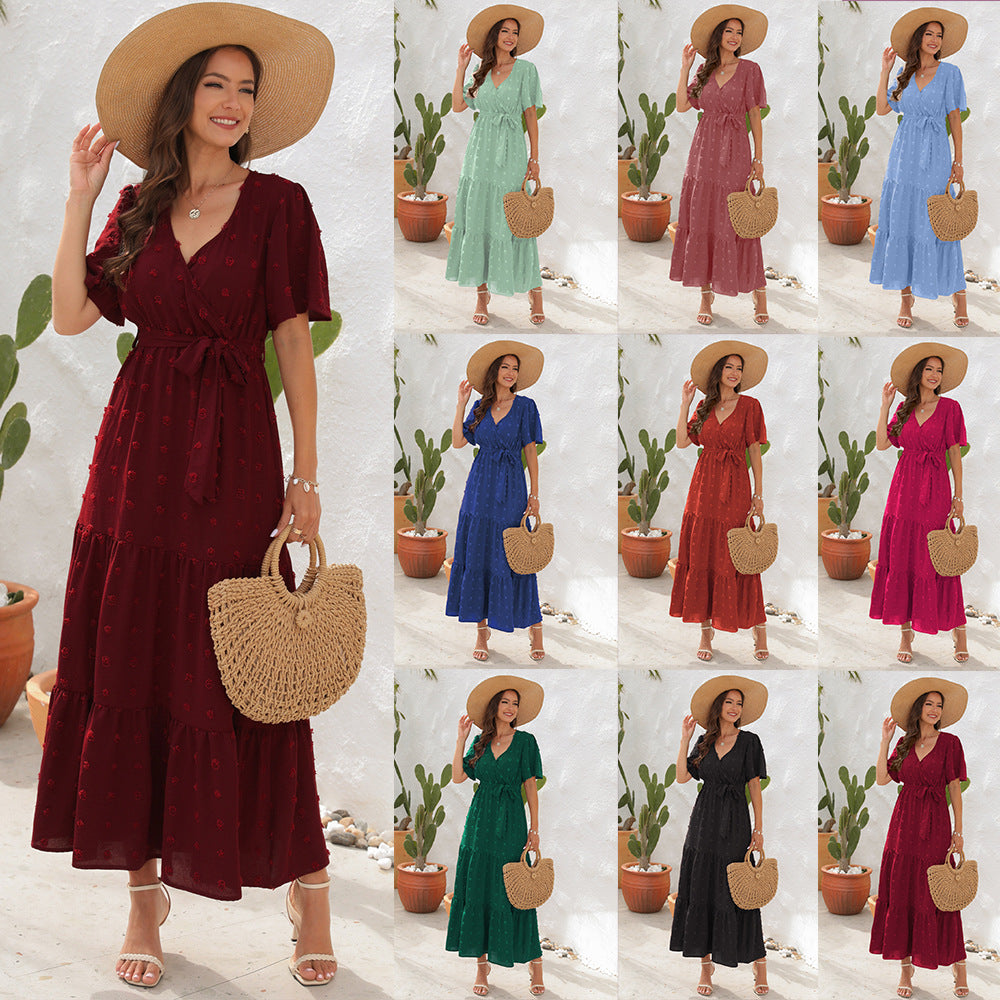 # V-Neck Tie-Waist Long Vacation Dress