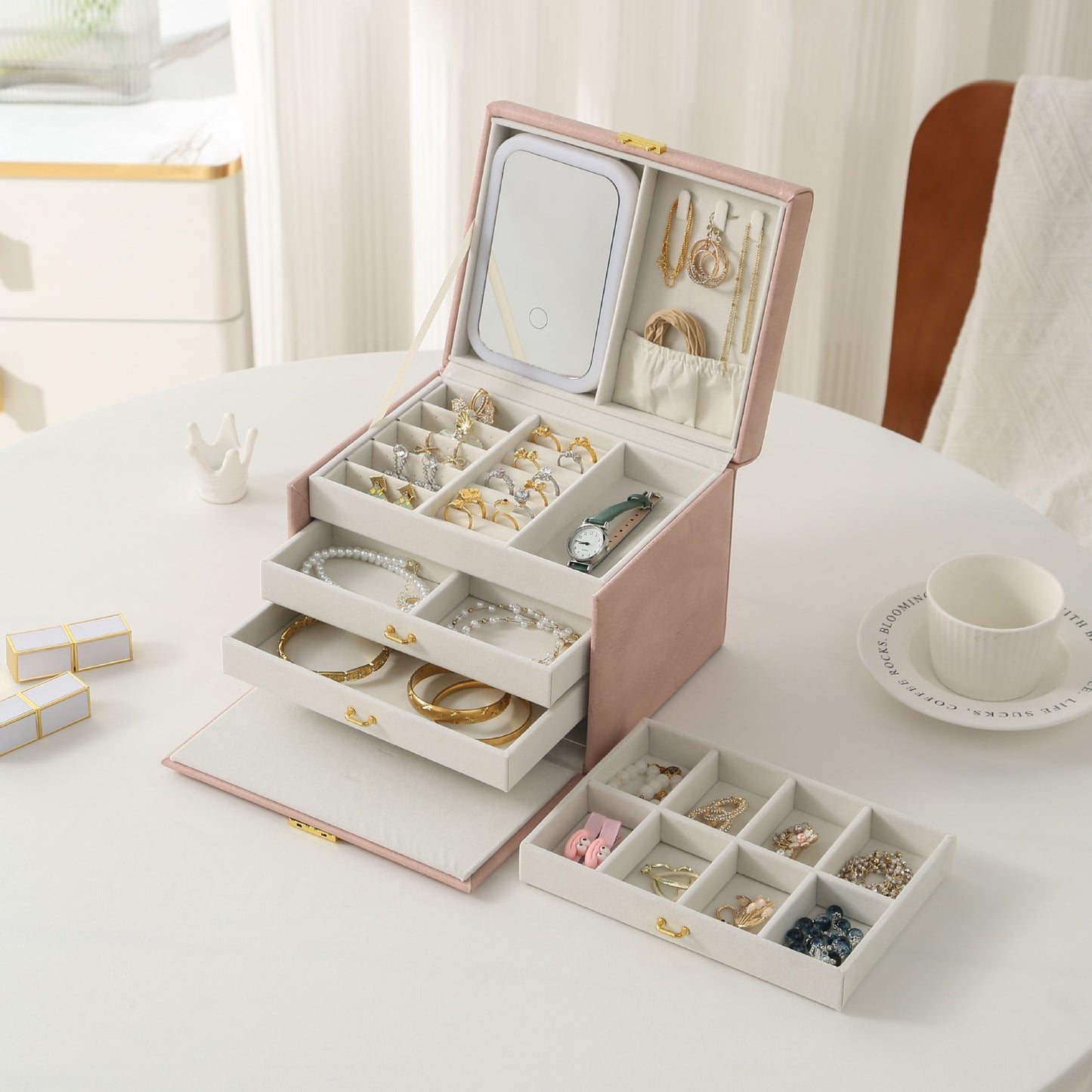 **4-Layer Handheld LED Makeup Mirror Jewelry Organizer**