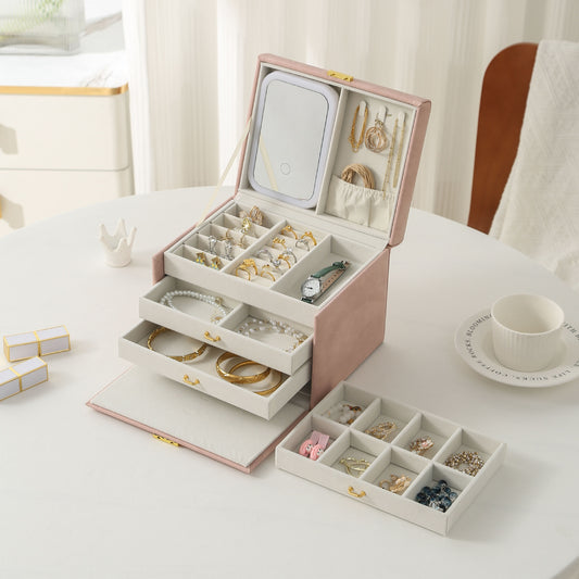 **4-Layer Handheld LED Makeup Mirror Jewelry Organizer**