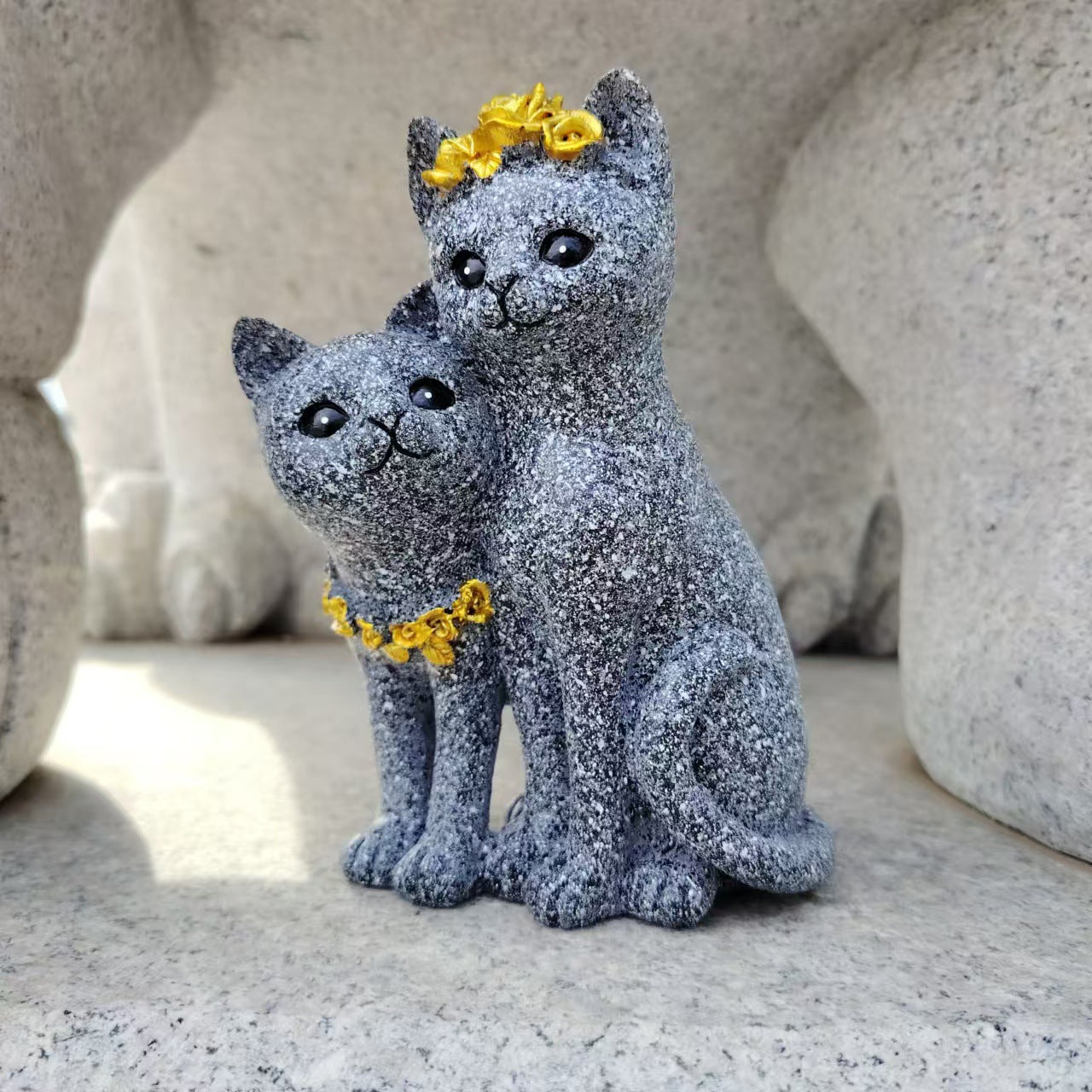 Marble-Colored Couple Cat Figurine