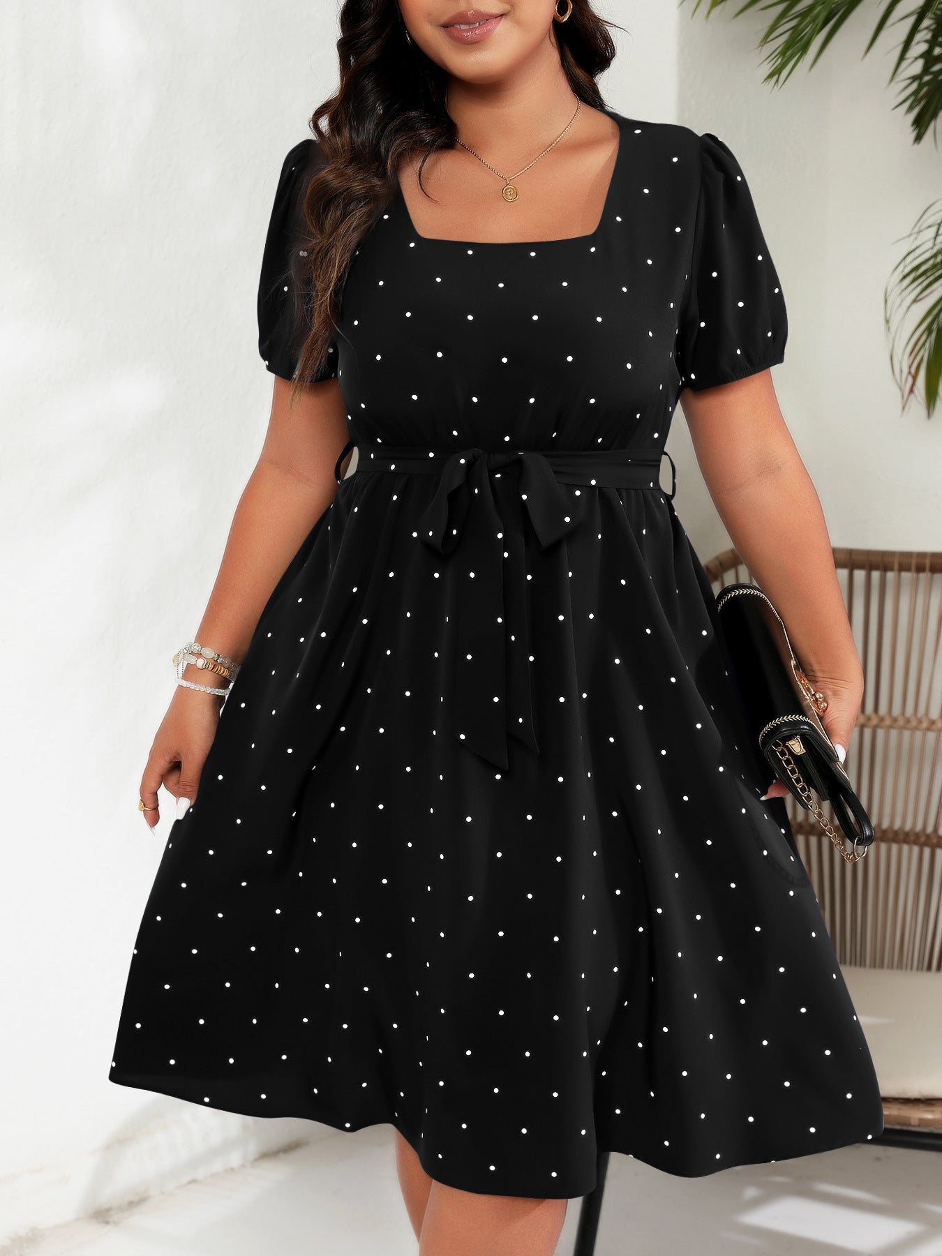 # Retro Polka Dot Square Neck Plus Size Dress