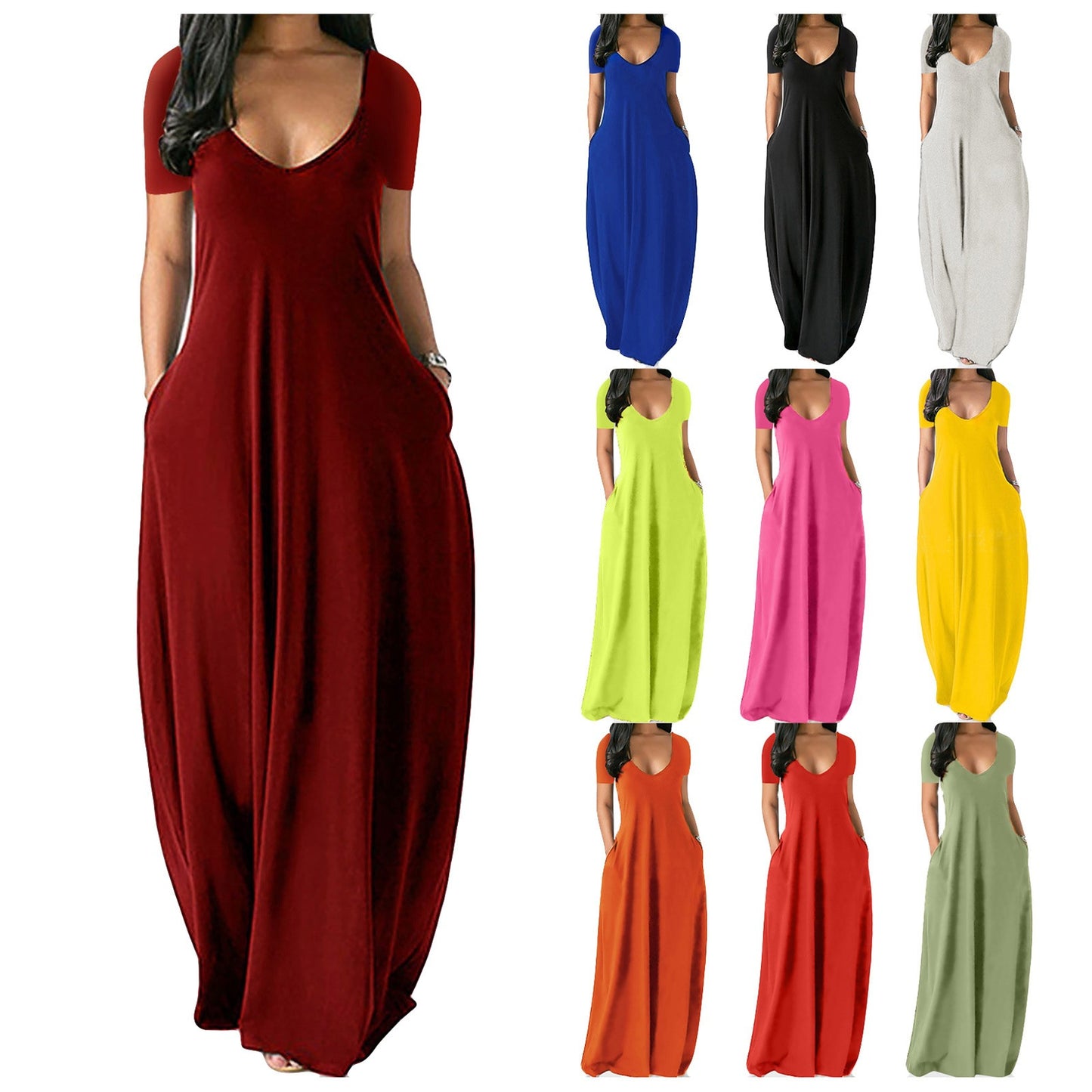 # Solid Color Deep V-Neck Short-Sleeve Plus Size Dress