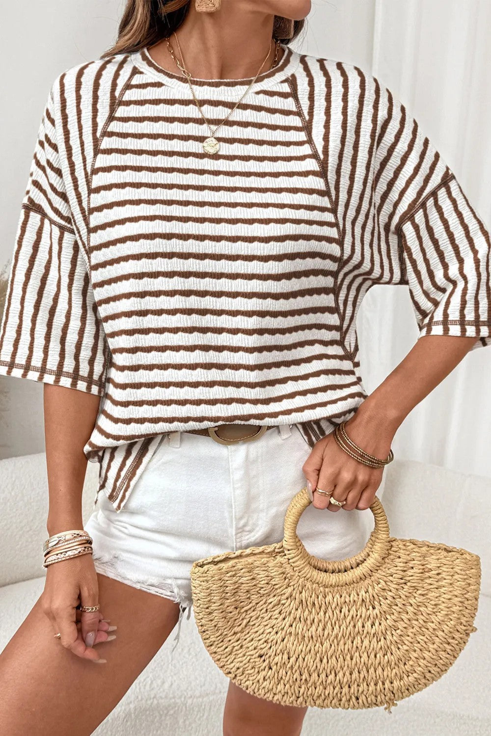 # Women's Striped Short-Sleeve Crew Neck Pullover T-Shirt