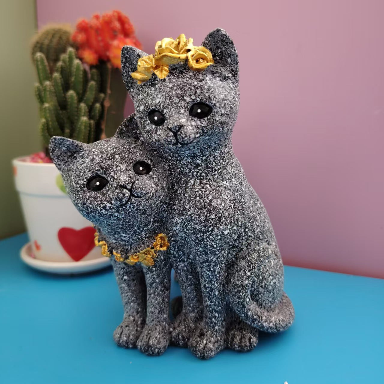 Marble-Colored Couple Cat Figurine