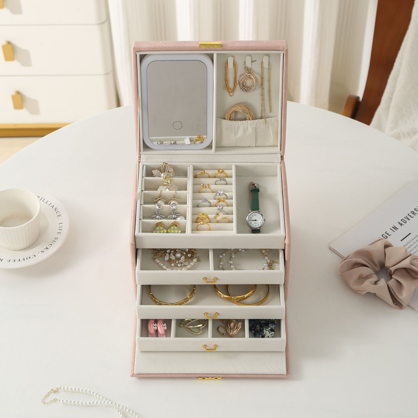 **4-Layer Handheld LED Makeup Mirror Jewelry Organizer**