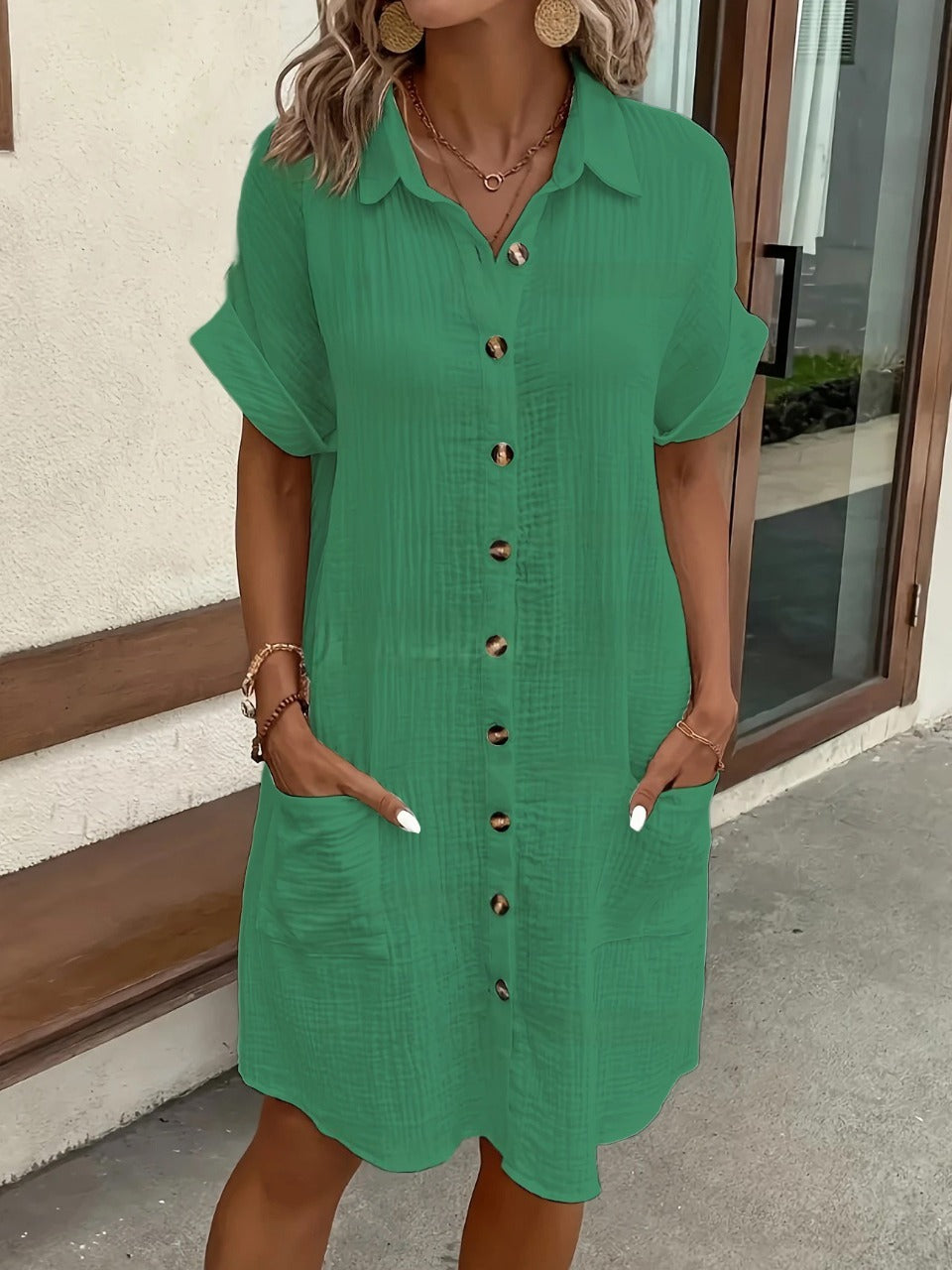 # Solid Color Cotton Linen Button-Up Loose Shirt Dress