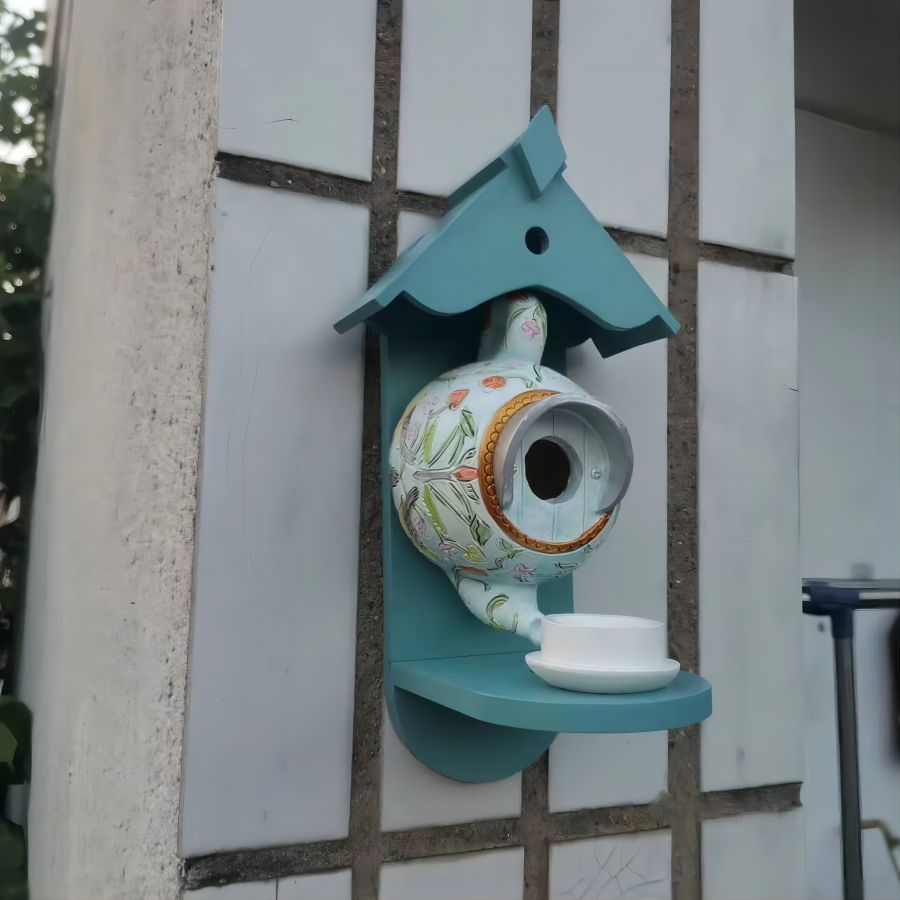 **Teacup Birdhouse and Feeder for Patio Decoration**