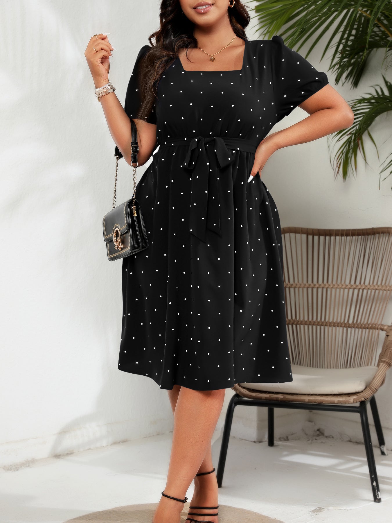 # Retro Polka Dot Square Neck Plus Size Dress