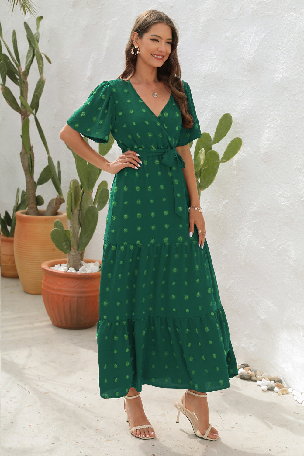 # V-Neck Tie-Waist Long Vacation Dress