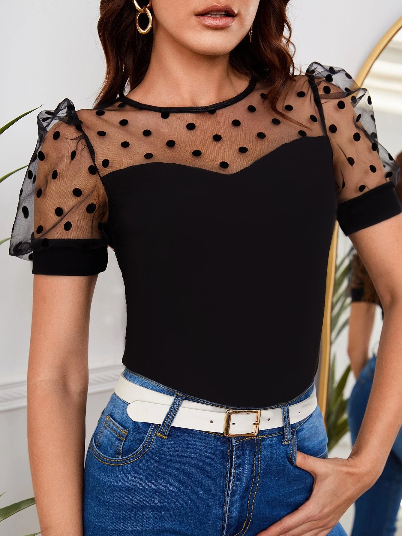 Mesh Polka Dot Crew Neck Short-Sleeve T-Shirt