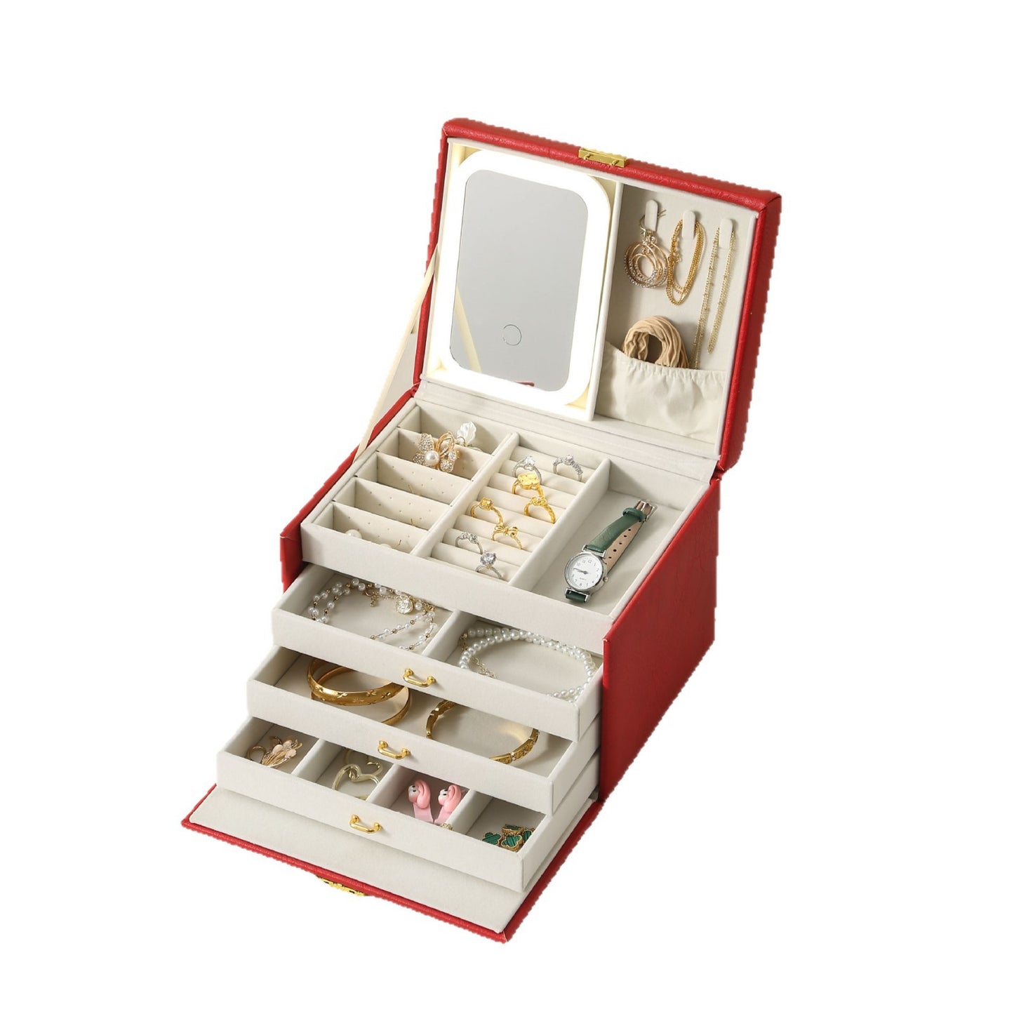 **4-Layer Handheld LED Makeup Mirror Jewelry Organizer**