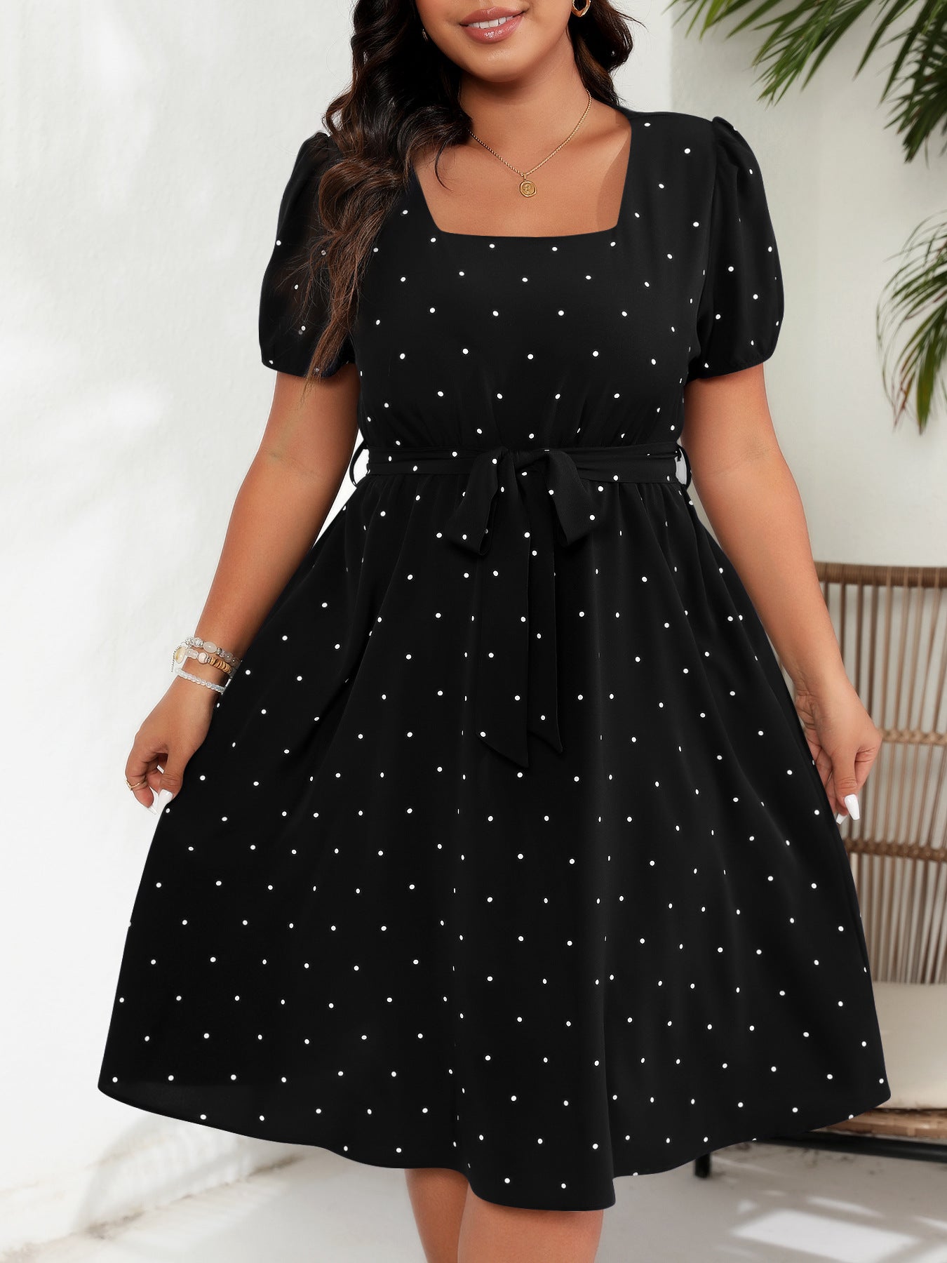# Retro Polka Dot Square Neck Plus Size Dress