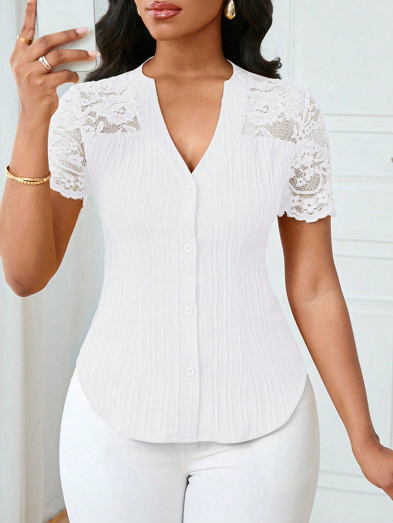 Solid Color Embroidered Hollow-Out Short-Sleeve Top