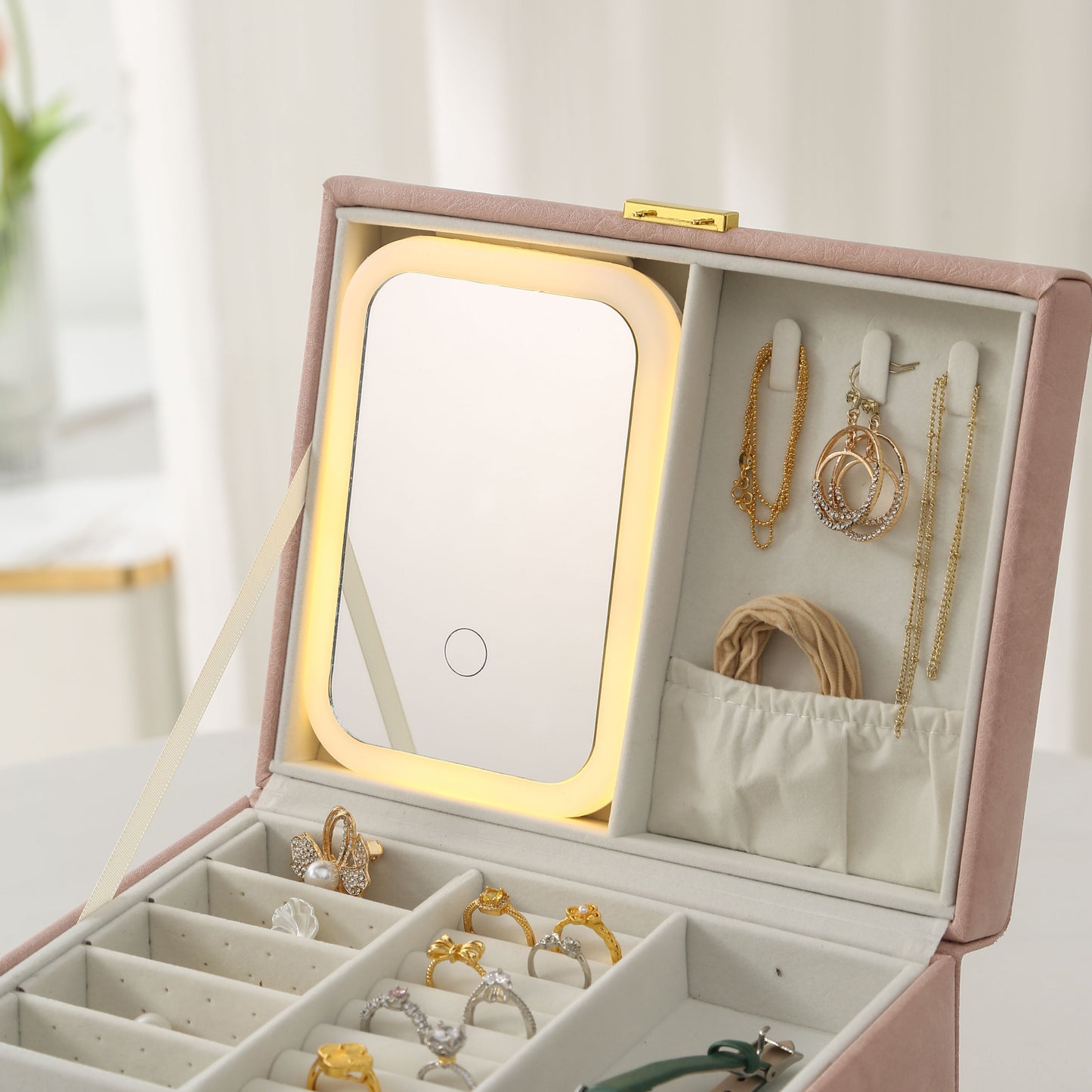 **4-Layer Handheld LED Makeup Mirror Jewelry Organizer**