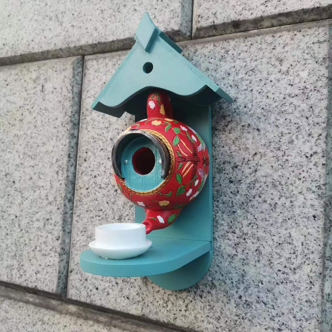 **Teacup Birdhouse and Feeder for Patio Decoration**